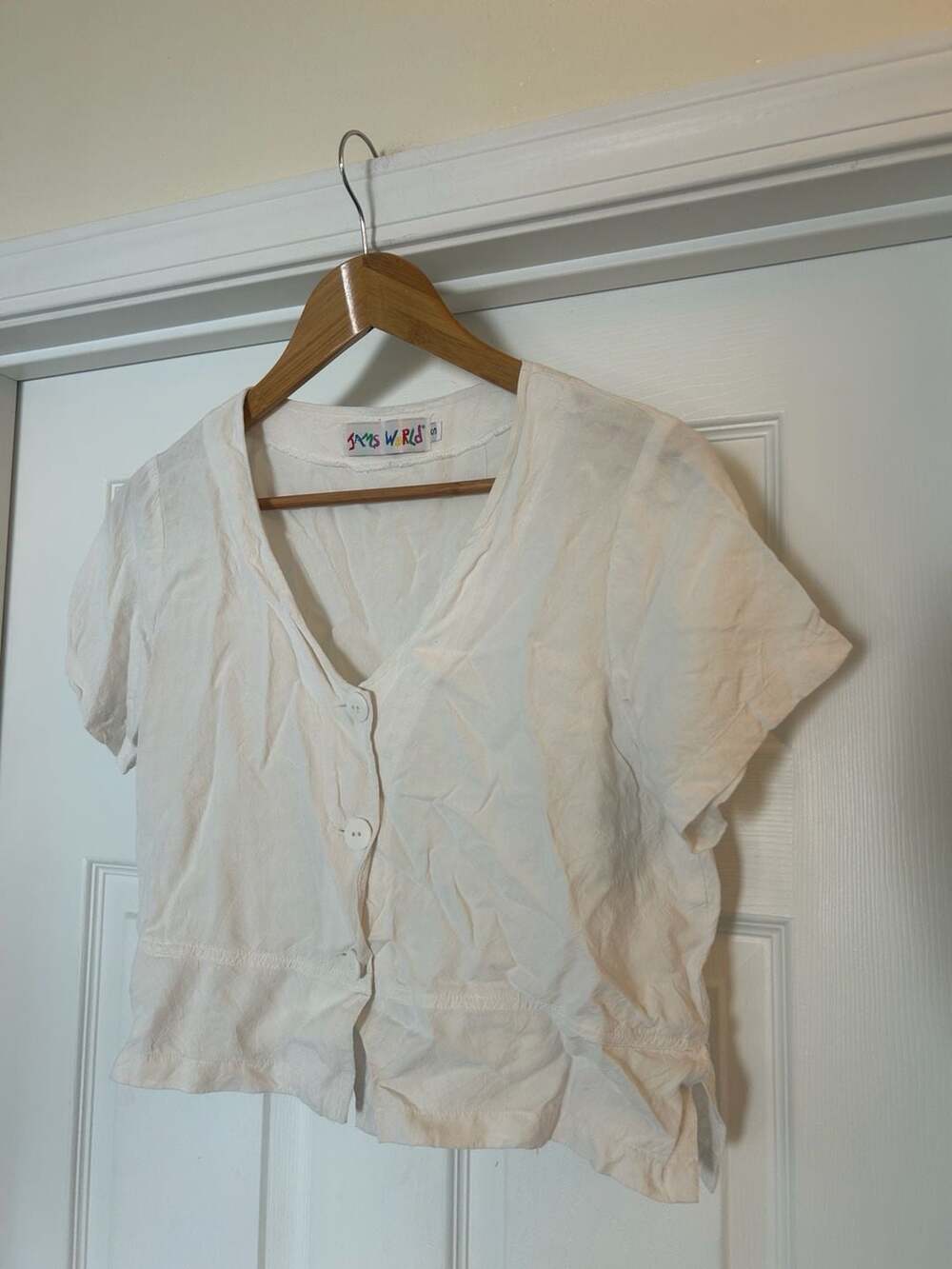 Jams World White Rayon Button Down Short Sleeve V-Neck Blouse Top Size S